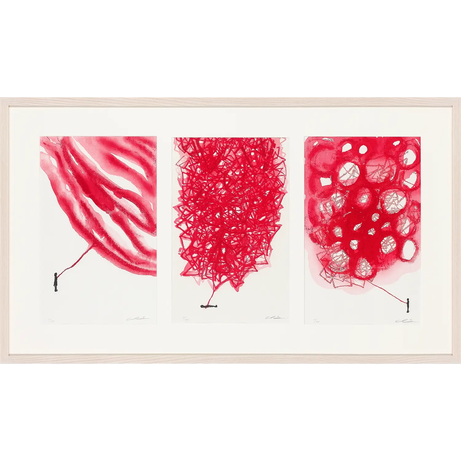 塩田千春「Connected to the Universe」３図セット・額付き画像　Chiharu Shiota「Connected to the Universe - Red Waves, Red Lines, Red Circles - a set of 3 prints」