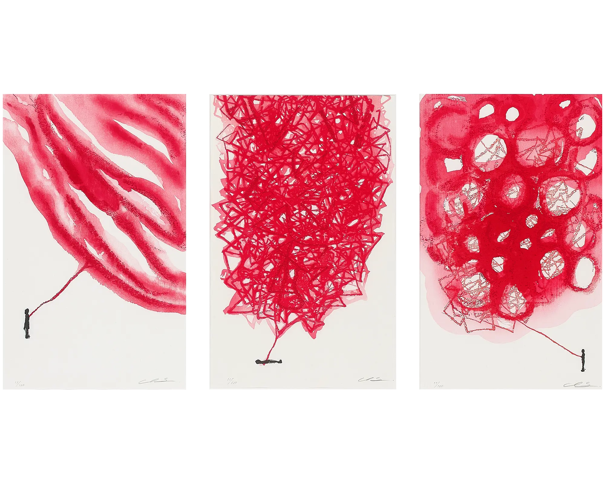 塩田千春「Connected to the Universe」３図セット　Chiharu Shiota「Connected to the Universe - Red Waves, Red Lines, Red Circles - a set of 3 prints」