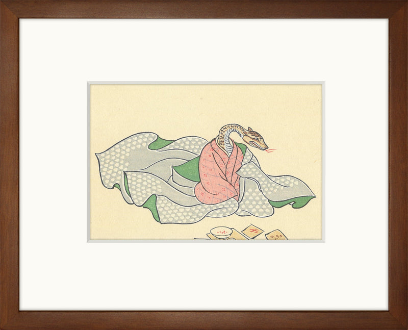 Small Zodiac Woodcut Prints 2025, "Snake" (with a frame) From "Scroll of the Twelve Animals" (Jūnirui Emaki)"