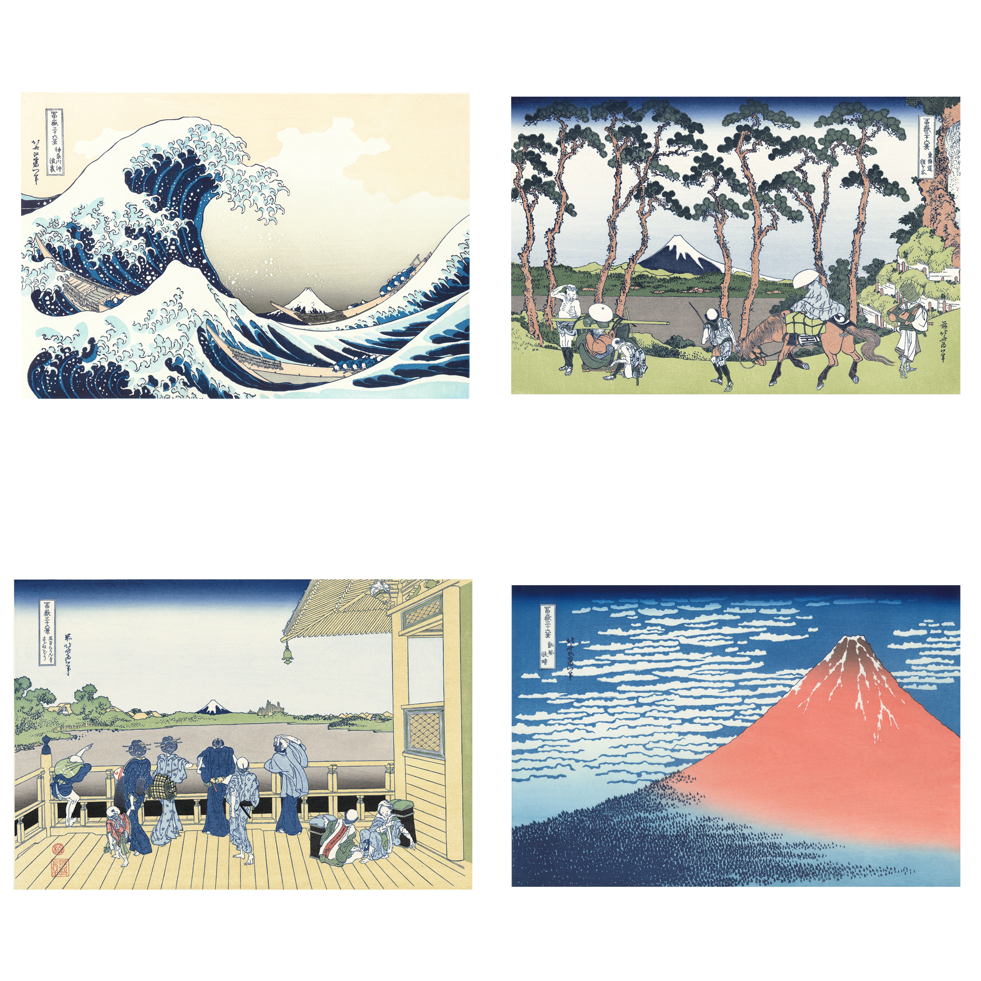 <Ukiyo-e for 2024> Set B: Four of Hokusai's Masterpieces Admired by Impressionists in a Natural Finish Frame