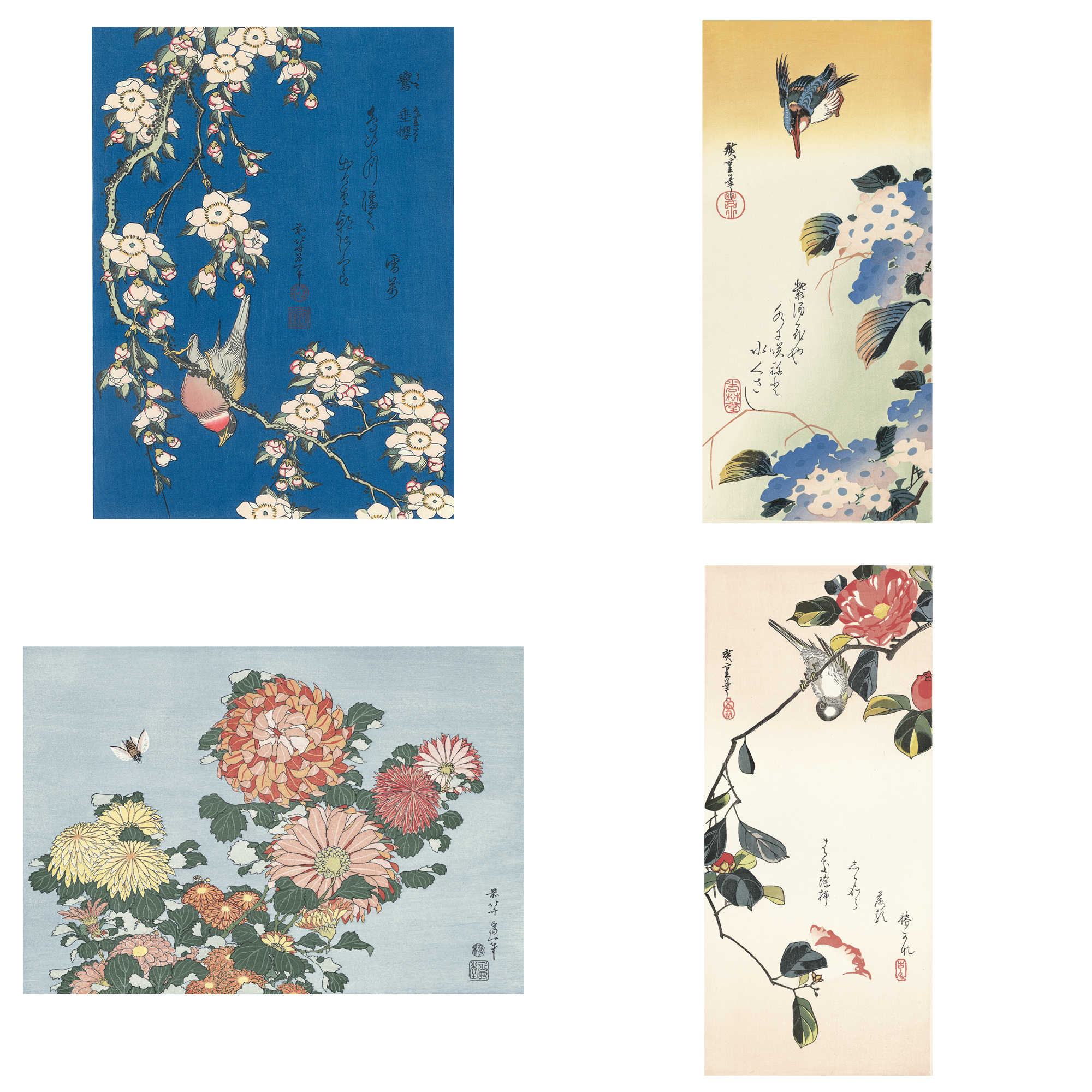 <Ukiyo-e for 2024> Set D: Four of Elegant Ukiyo-e Prints of Flowers and Birds in a Gold Pearl Finish Frame