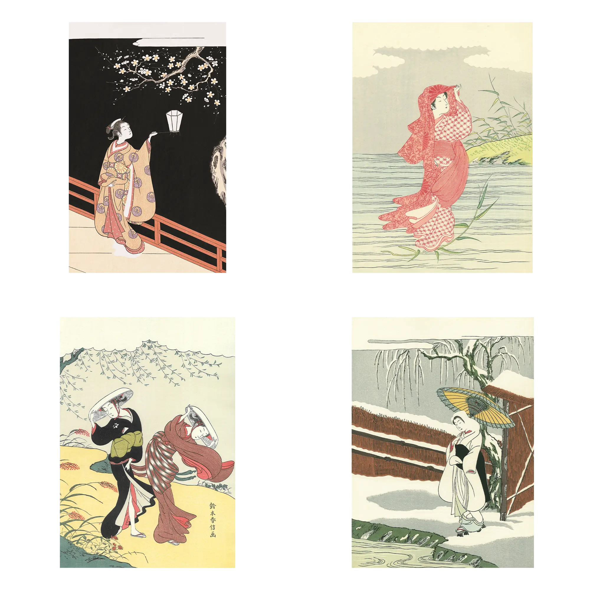 <Ukiyo-e for 2026> Set D: “Harunobu’s Seasonal Beauties × Adachi Original Frame with Vermilion Finish”