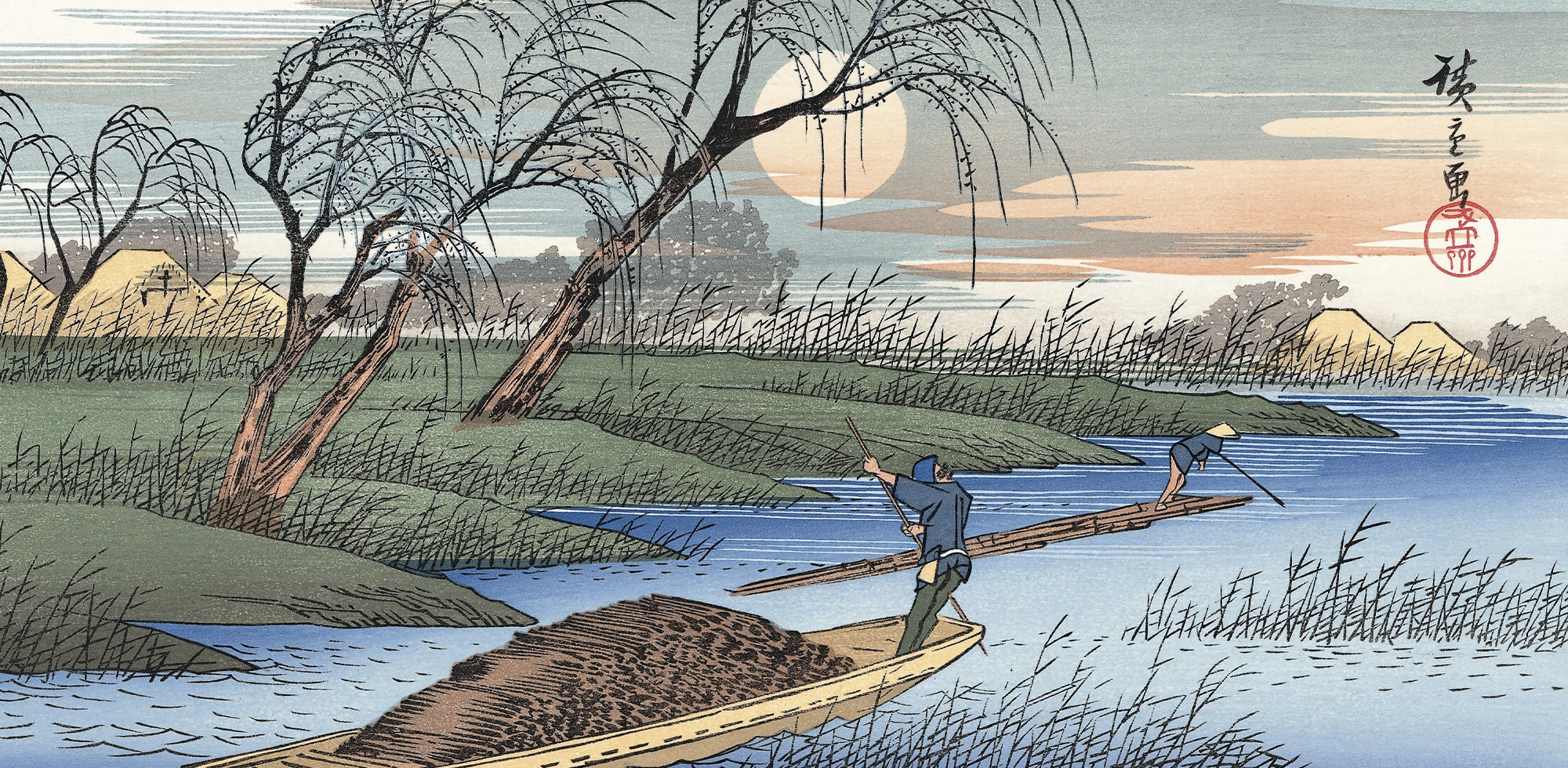 【真作】【複製】複製画　歌川広重　木曽海道　江戸風景　月夜の川舟図　C169 真作】【複製】複製画 歌川広重 木曽海道 江戸風景 月夜の川舟図 柳と