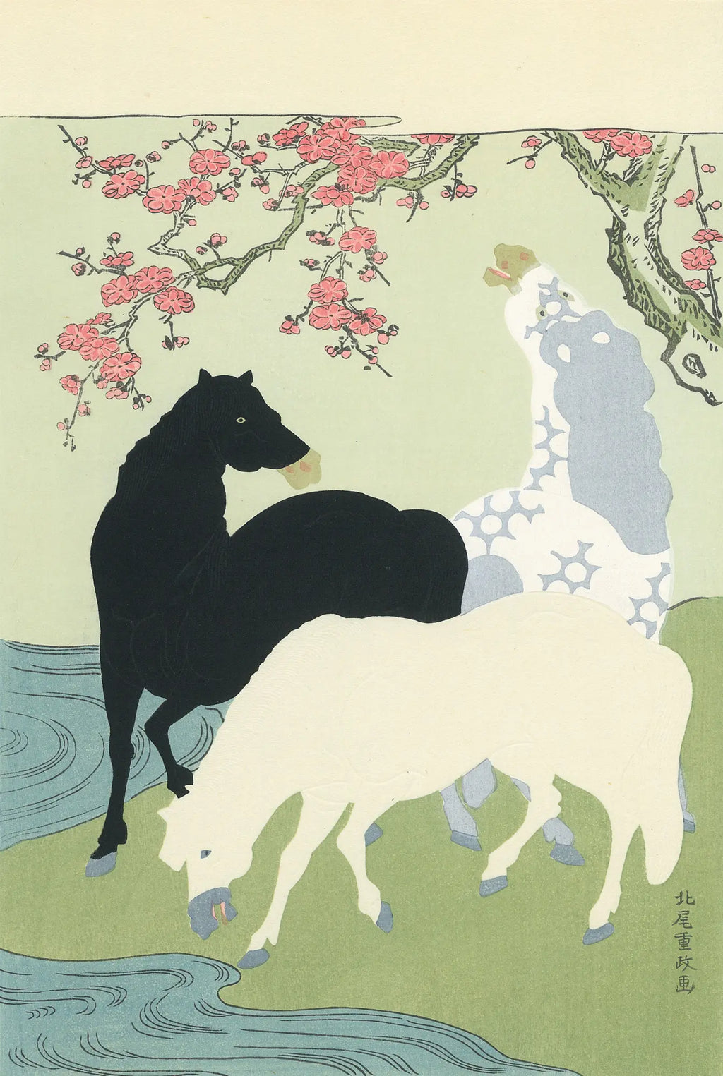 張其冀　長尾鳥　梅　木版画 張其冀 長尾鳥 梅 木版画
